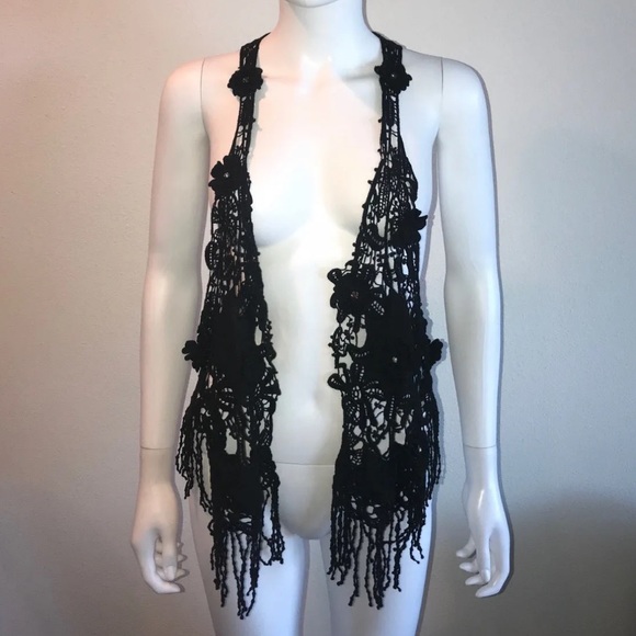 Meghan Fabulous LA *Guadalupe* black cotton crochet boho festival vest S - Picture 2 of 6